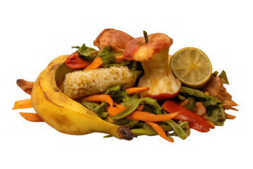 Food waste accumulation showing spoiled fruits and decomposing vegetables, arranged messily against transparent backdrop