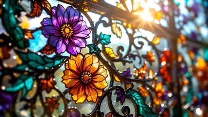 Colorful floral stained glass window with sunlight shining through