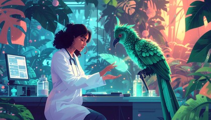 Doctor Examines Parrot Feather in Lush Environment