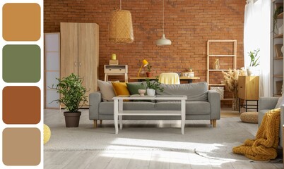 Interior of studio apartment with grey sofa and workplace. Different color patterns