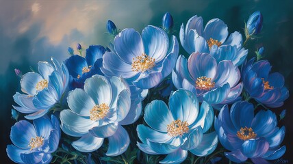 Elegant composition of blue and teal flowers painted in an impressionistic style for decorative usage