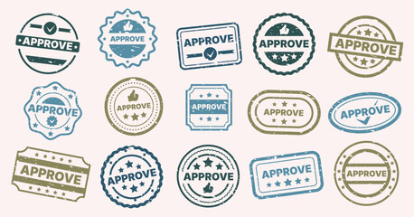 Approved stamp. Grunge texture round seal with text of acceptance and validation concept, certification and confirmation stamp badges. Vector document seals set