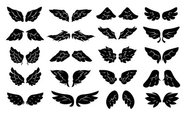 Wings black icon. Angel wing silhouette, abstract bird winged logo, simple decorative heather hawk angels phoenix wing symbols. Vector isolated emblem set
