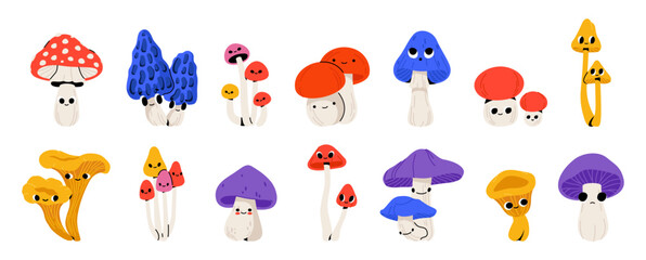 Mushrooms character. Cute kawaii forest fungi with funny faces, cartoon autumn edible and poisoning mushroom plant characters with emotions. Vector isolated shrooms fungus set