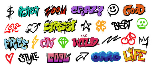 Graffiti icons. Urban street art stickers with spray paint, brush lettering and skull cherry heart signs, doodle graffiti sketch hip hop words for print design. Vector graffiti set