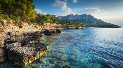 A picturesque seascape overlooking a rocky shore covered with pine forests and crystal clear turquoise water. 