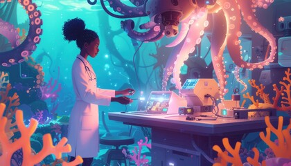 Woman Doctor Examining Octopus in Underwater Lab