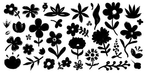 Brush stroke flower. Abstract floral silhouettes with paint brush strokes, monochrome blossom bouquet leaves stems grunge stencil art. Vector floristic isolated set