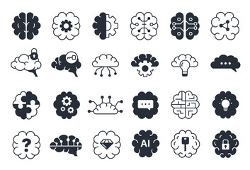 Human brain icons. Machine learning and human mind symbols, creative idea and genius stroke line signs, brain activity and IQ logo. Vector brains isolated set