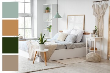 Interior of light bedroom with cozy bed, bedside table, houseplants and shelving unit. Different color patterns