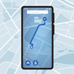 Phone navigator map. Smartphone GPS application with city map, location tracking and route navigation UI. Vector mobile device with mapping software