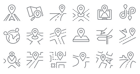 Route line icon. Path with location pointers, routes and directions navigation map with GPS markers, travel journey and trip street way. Vector route isolated set