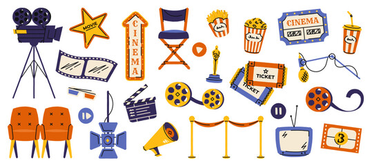 Cinema elements. Movie festival banner with film reel clapper board projector, cartoon cinematography equipment, movie TV cinema icons. Vector set