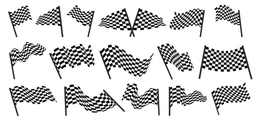 Racing flag. Car race checkered finish signal for cars competition, crossed band wave banner for motorsport rally karting finish check. Vector logo set