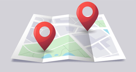 Folded city map with pin. 3D city road icon, paper tourist guide with location pointer, isometric cartography navigation concept. Vector map symbol