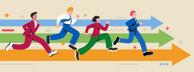 Businessman running concept. Business competition and career success challenge metaphor with corporate worker racing to goal and success, business runners. Vector illustration