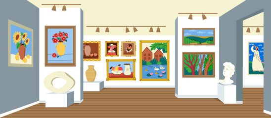 Art gallery interior. Museum exhibition with classical paintings and contemporary sculpture, cartoon cultural complex background. Vector illustration