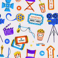Movie pattern. Cinema film production elements, seamless print of cinematography icons, endless background with clapperboard camera reel tape popcorn. Vector texture