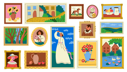 Framed painting. Gallery art pictures portraits still life landscape, artistic portrait of people in vintage frames, exhibition on gallery wall, fine art collection. Vector set