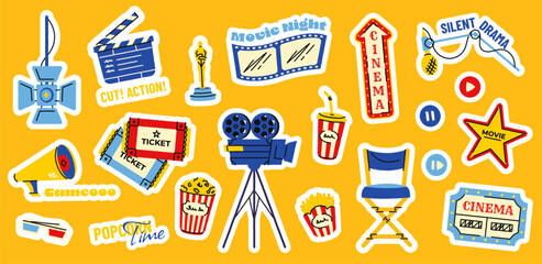 Movie stickers. Cartoon cinema elements with film tape popcorn camera cinema chair clapperboard, cinematography stickers for your design. Vector isolated set