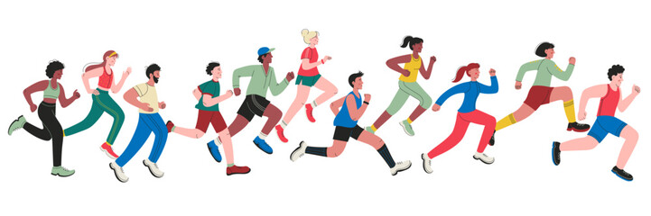 Runners. Cartoon running characters, diverse group of people jogging and sprinting, sport run concept, active workout and fitness Vector athlete characters running marathon
