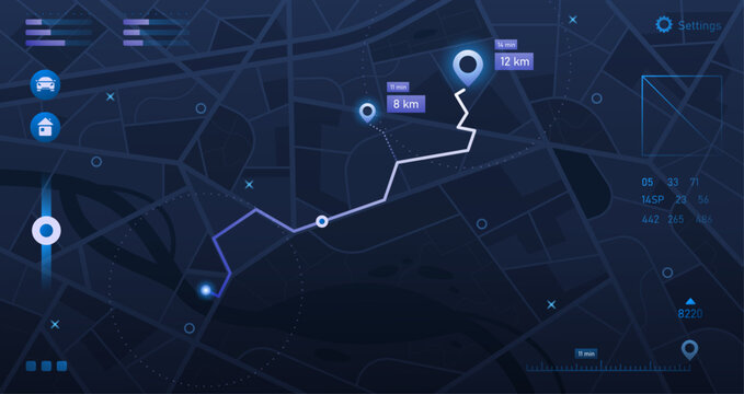 Map navigation interface. Mobile app dashboard with city map and street plan, location tracking, route GPS navigation and statistics. Vector roadmap tracker concept