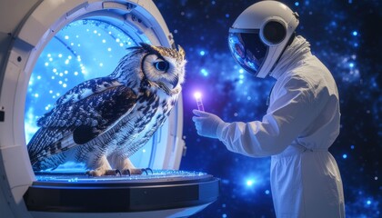 Owl and Astronaut in Space Lab Futuristic Scene