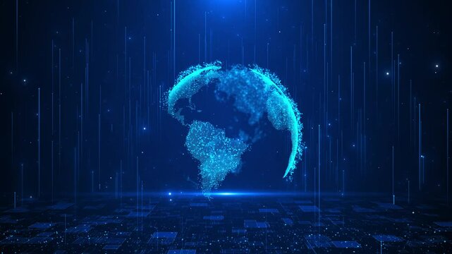 Map World Transformation Technology Futuristic Digital data networking and social networking for worldwide connectivity. Global grid connection. Blue map of the world. Futuristic web links and lines - Powered by Adobe