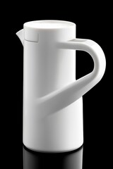 Sleek, matte-white thermal carafe with a curved handle and hinged lid, isolated on black