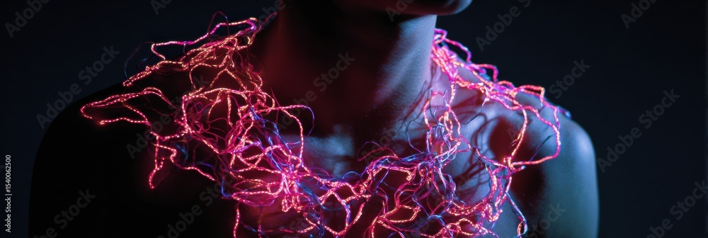 Poster shadowy figure adorned with tangled neon nerves on chest in a dark environment conveying a sense of 