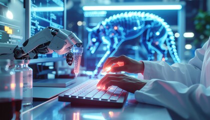 Robot Arm Experiment with Glowing Dog Hologram on the Screen