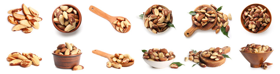 Set of many Brazilian nuts on white background