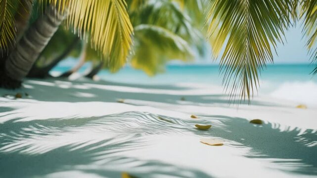 A palm tree stands tall on a sandy beach, casting a long shadow behind it.