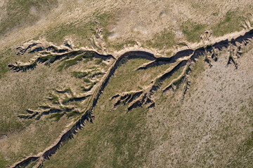 Aerial image of dried water ways in the desert of Mangystau, western Kazakhstan. The pattern looks...