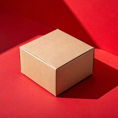 Minimal Brown Kraft Packaging Box Mockup on Red Background with Shadows Recyclable Eco-Friendly Mailer for Branding and Shipping Design