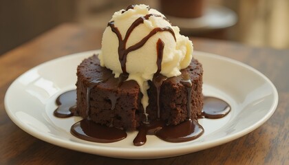 Small round chocolate lava cake with vanilla ice cream on top, drizzled in fudge sauce and melting into the center of its white plate