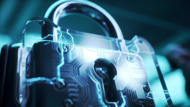 A close up of a padlock with circuit board details and bright blue lighting on a dark background