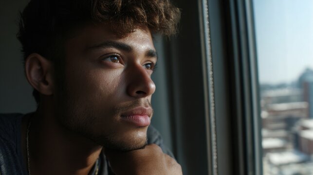 Contemplative young man gazing out window urban setting portrait photography bright interior side view emotional reflection