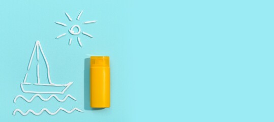 Sunscreen cream, drawn ship, waves and sun on light blue background with space for text