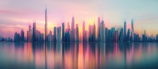 Blurry city skyline at sunrise over water