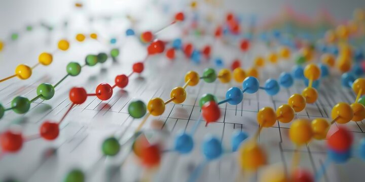 Colored balls linked by lines create a molecular model on a chart, highlighting scientific research activities