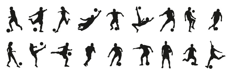Soccer player silhouette collection. Set of black soccer people silhouette. vector