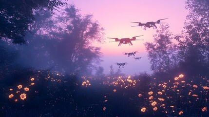 Solar drones pollinating flowers in a synthetic forest under a violet sky
