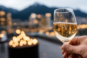 Obraz premium Elegant corporate networking event at a rooftop lounge with professionals enjoying champagne drinks during sunset