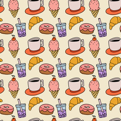 Cute doodle dessert coffee ice cream seamless pattern background

