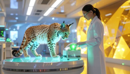 Lynx on Table in Laboratory with Woman Scientist