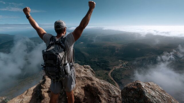 Triumphant hiker celebrates summit achievement at mountain peak nature landscape scenic viewpoint adventure concept