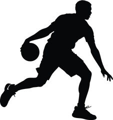 Silhouette of a basketball player dribbling, showcasing skill and athleticism in action