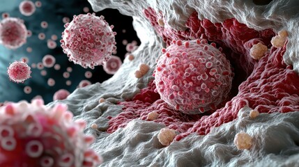 Exploring the Intricacies of Cancer Cells Under the Microscope: A Close-Up of Cellular Interactions in a Medical Laboratory