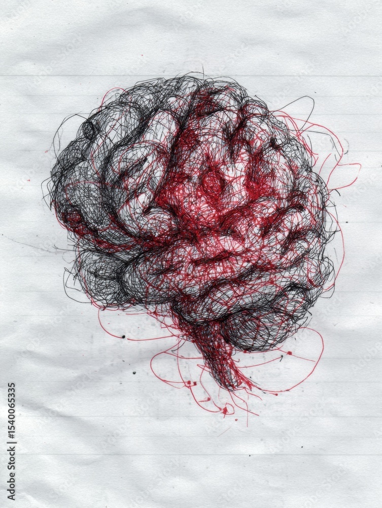 Aufkleber Scribbled Brain Sketch With Red Center and Open Space for Messaging, Created With Black and Red Lines on Textured Paper